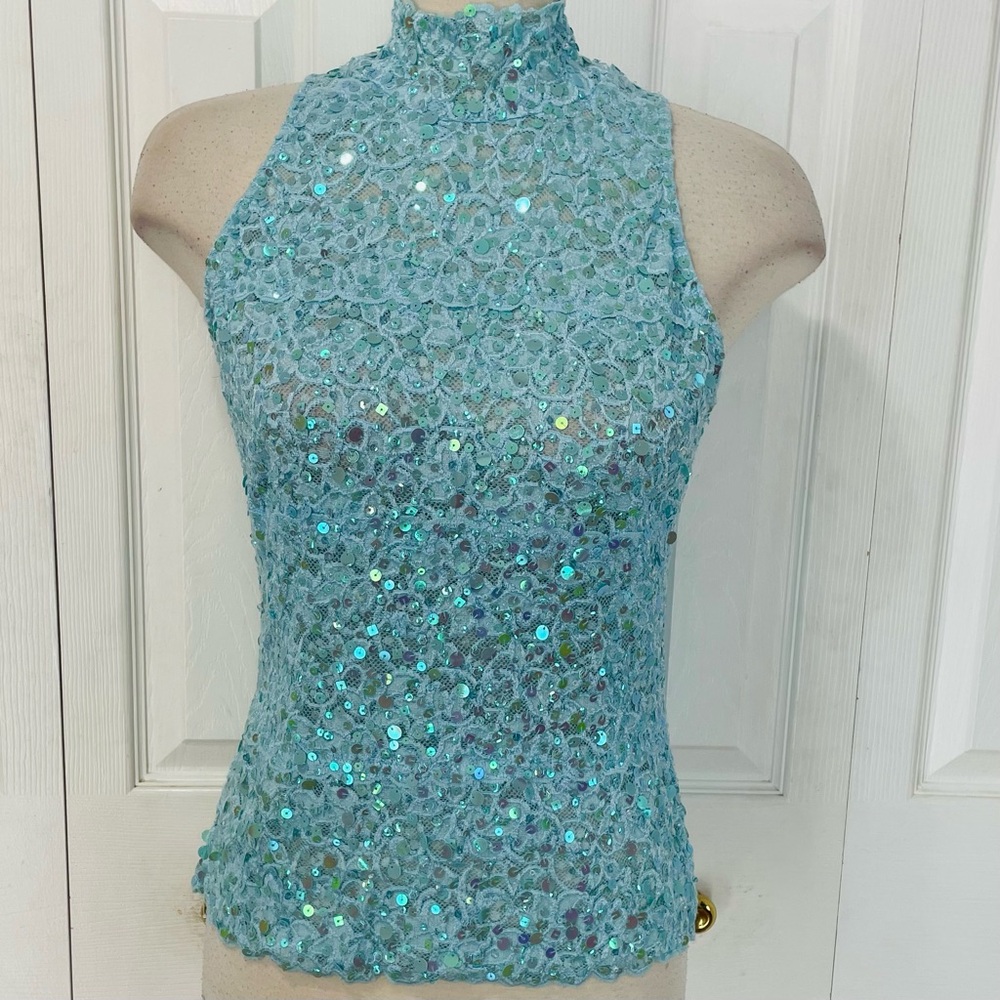 New Cache Light Blue Sequin Lace Top